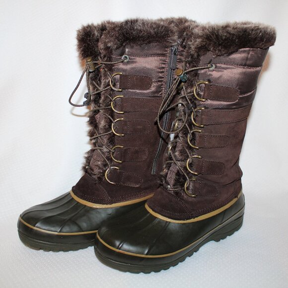 Lands End Hillary Tall Fur Lace Up Snow Duck Boot Women's Size 8 Brown - Picture 1 of 12